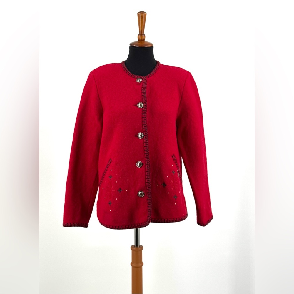 Geiger Collection Austria Pure New Wool Jacket Buttons Red Embroidery Size EU 40